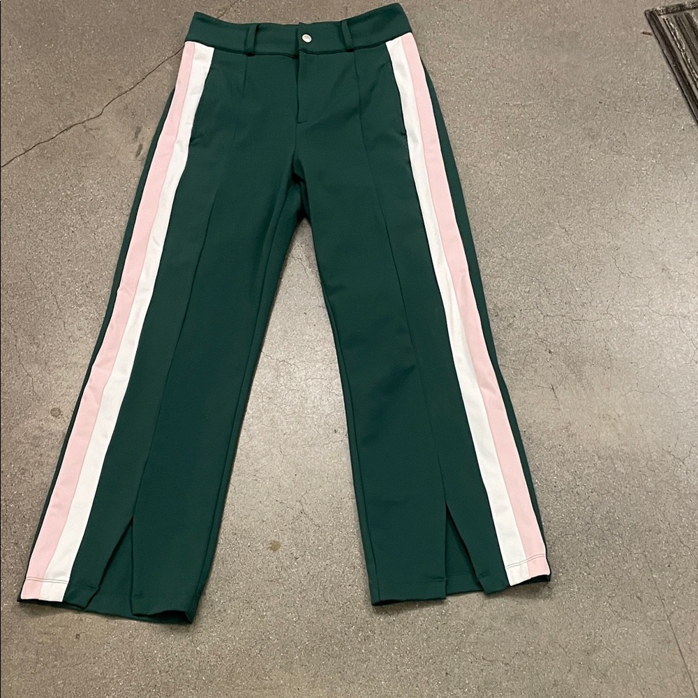 Forest Green Straight-Leg Pants with Pink & White Side Stripes